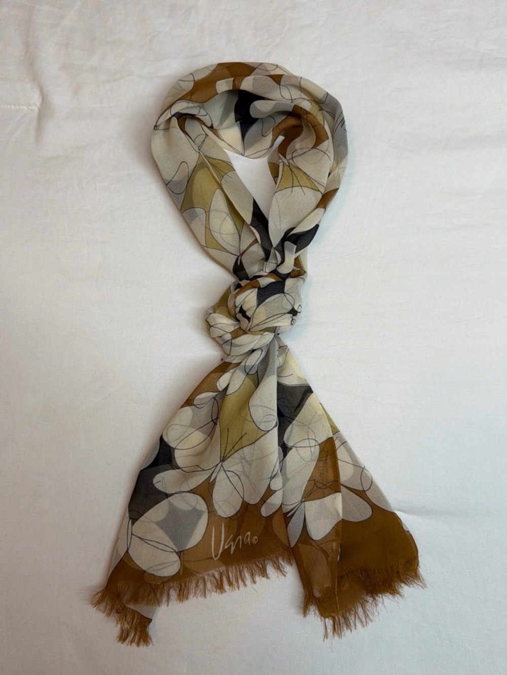 Vintage Vera Neumann Floral Fringe Scarf Brown Olive